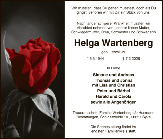 Todesanzeige von Helga Wartenberg von SYKS