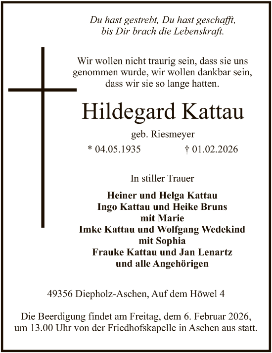 Todesanzeige von Hildegard Kattau von SYKS