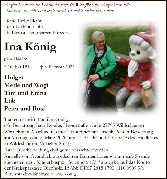 Todesanzeige von Ina König von SYWZ