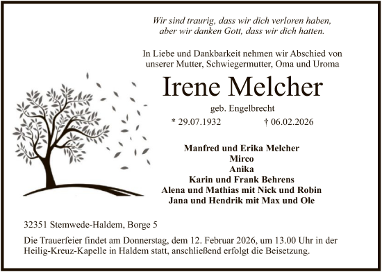 Todesanzeige von Irene Melcher von SYKS
