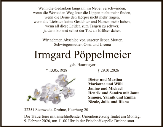 Todesanzeige von Irmgard Pöppelmeier von SYKS