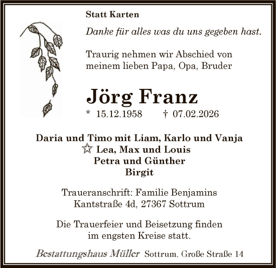 Todesanzeige von Jörg Franz von SYKR