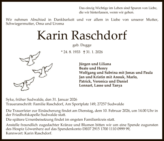Todesanzeige von Karin Raschdorf von SYKSSYKS