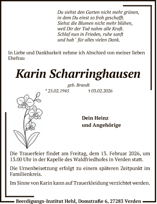 Todesanzeige von Karin Scharringhausen von SYKS