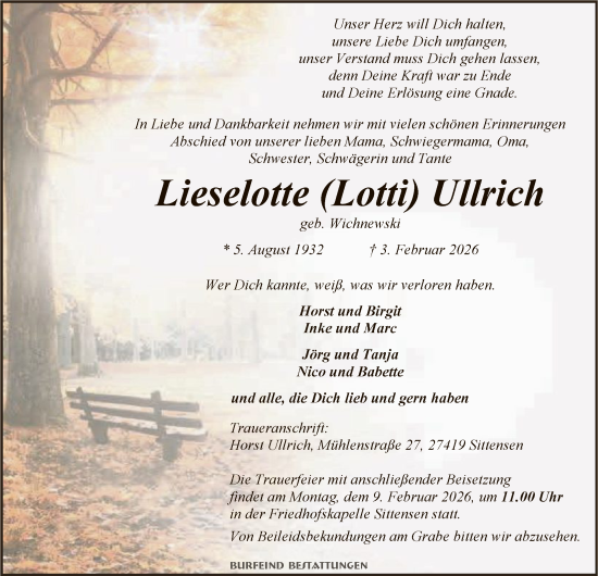 Todesanzeige von Lieselotte Ullrich von SYKR