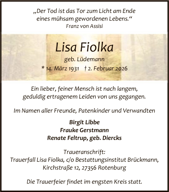 Todesanzeige von Lisa Fiolka von SYKR