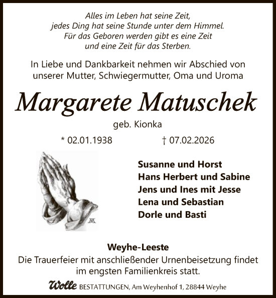 Todesanzeige von Margarete Matuschek von SYKS