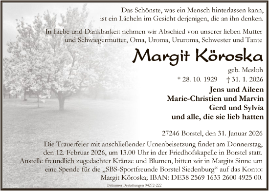 Todesanzeige von Margit Köroska von SYKS