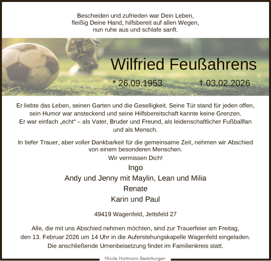 Todesanzeige von Wilfried Feußahrens von SYKS