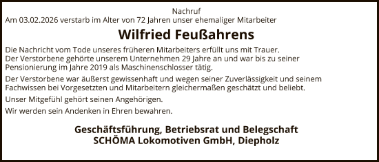 Todesanzeige von Wilfried Feußahrens von SYKS