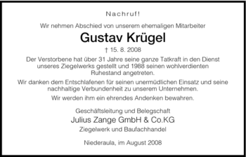 Todesanzeige von Gustav Kruegel von HERSFELDER ZEITUNG