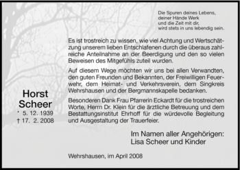 Todesanzeige von Horst Scheer von HERSFELDER ZEITUNG