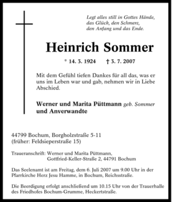 Todesanzeige von Heinrich Sommer von HERSFELDER ZEITUNG