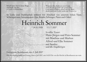 Todesanzeige von Heinrich Sommer von HERSFELDER ZEITUNG