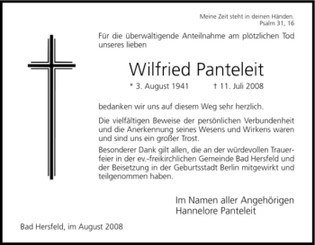 Todesanzeige von Wilfried Panteleit von HERSFELDER ZEITUNG
