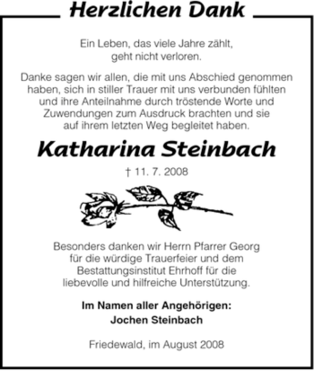 Todesanzeige von Kath. Steinbach von HERSFELDER ZEITUNG