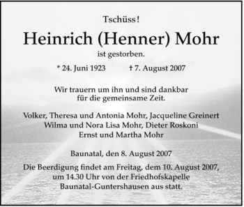 Todesanzeige von Heinrich Mohr von HERSFELDER ZEITUNG