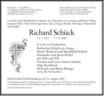 Todesanzeige von Richard Schück von HERSFELDER ZEITUNG