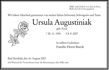 Todesanzeige von Ursula Augustiniak von HERSFELDER ZEITUNG