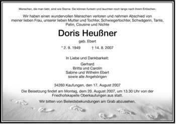 Todesanzeige von Doris Heußner von HERSFELDER ZEITUNG