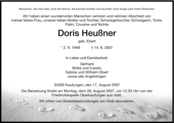 Todesanzeige von Doris Heußner von HERSFELDER ZEITUNG