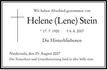 Todesanzeige von Helene Stein von HERSFELDER ZEITUNG