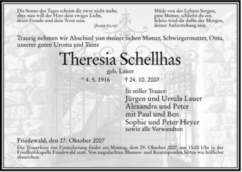 Todesanzeige von Theresia Schellhas von HERSFELDER ZEITUNG