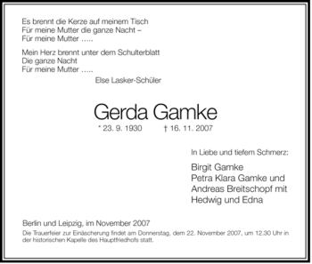 Todesanzeige von Gerda Gamke von HERSFELDER ZEITUNG