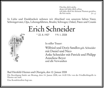 Todesanzeige von Erich Schneider von HERSFELDER ZEITUNG