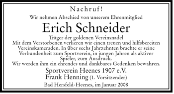 Todesanzeige von Erich Schneider von HERSFELDER ZEITUNG