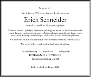 Todesanzeige von Erich Schneider von HERSFELDER ZEITUNG