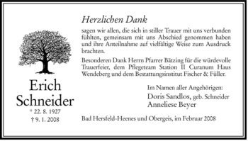 Todesanzeige von Erich Schneider von HERSFELDER ZEITUNG