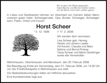 Todesanzeige von Horst Scheer von HERSFELDER ZEITUNG