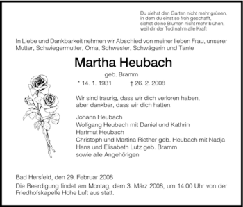 Todesanzeige von Martha Heubach von HERSFELDER ZEITUNG