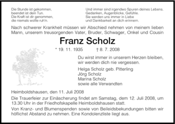Todesanzeige von Franz Scholz von HERSFELDER ZEITUNG