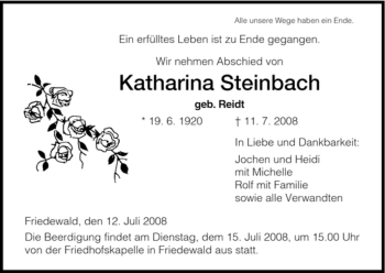 Todesanzeige von Katharina Steinbach von HERSFELDER ZEITUNG