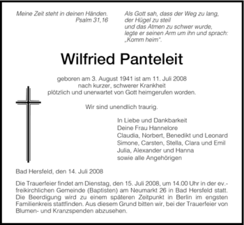 Todesanzeige von Wilfried Panteleit von HERSFELDER ZEITUNG