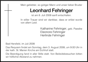 Todesanzeige von Leonhard Fehringer von HERSFELDER ZEITUNG