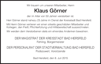 Todesanzeige von Klaus Görner von Hersfeld