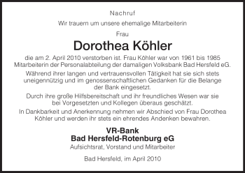 Todesanzeige von Dorothea Köhler von HERSFELDER ZEITUNG