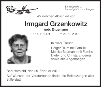 Todesanzeige von Irmgard Grzenkowitz von HERSFELDER ZEITUNG