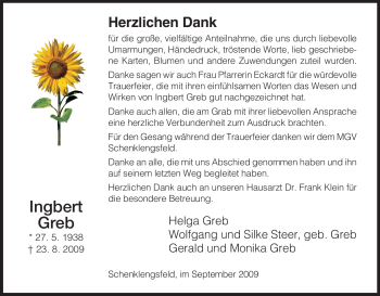 Todesanzeige von Ingbert Greb von HERSFELDER ZEITUNG