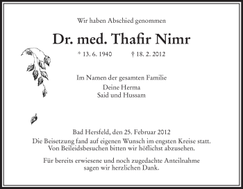 Todesanzeige von Thafir Nimr von HERSFELDER ZEITUNG
