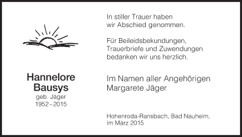 Todesanzeige von Hannelore Bausys von Hersfeld