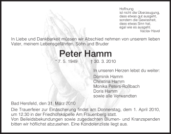 Todesanzeige von Peter Hamm von HERSFELDER ZEITUNG