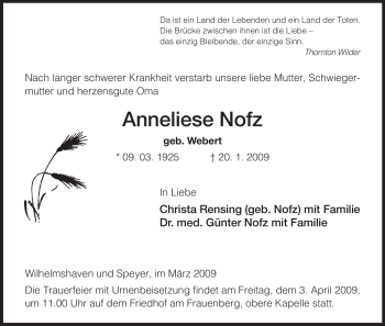 Todesanzeige von Anneliese Nfz von HERSFELDER ZEITUNG