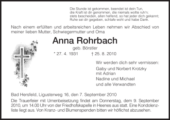 Todesanzeige von Anna Rohrbach von HERSFELDER ZEITUNG
