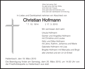 Todesanzeige von Christian Hofmann von HERSFELDER ZEITUNG