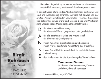 Todesanzeige von Birgit Rohrbach von HERSFELDER ZEITUNG