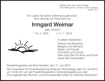 Todesanzeige von Irmgard Weimar von HERSFELDER ZEITUNG